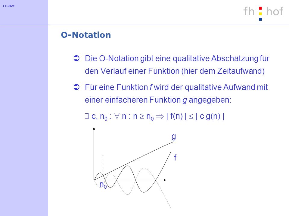 FH-Hof O-Notation Die O-Notation gibt eine qualitative Abschätzung für den Verlauf einer Funktion (hier dem Zeitaufwand) Für eine Funktion f wird der qualitative Aufwand mit einer einfacheren Funktion g angegeben: c, n 0 : n : n n 0 | f(n) | | c g(n) | f g n0n0