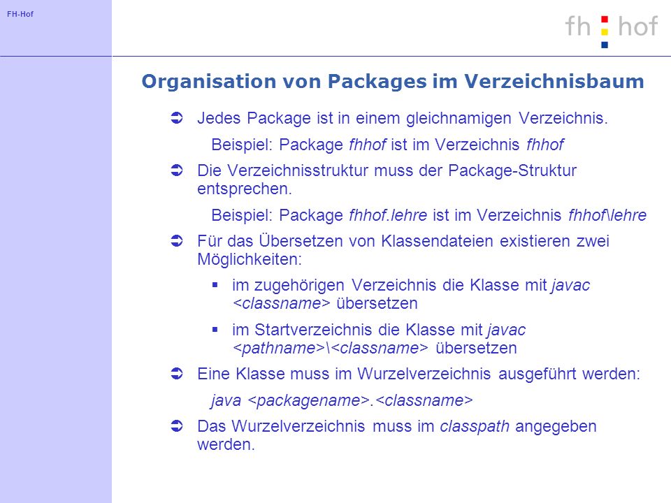 FH-Hof Organisation von Packages im Verzeichnisbaum Jedes Package ist in einem gleichnamigen Verzeichnis.