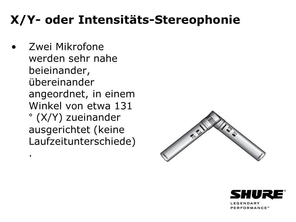X/Y- oder Intensitäts-Stereophonie Zwei Mikrofone werden sehr nahe beieinander, übereinander angeordnet, in einem Winkel von etwa 131 ° (X/Y) zueinander ausgerichtet (keine Laufzeitunterschiede).