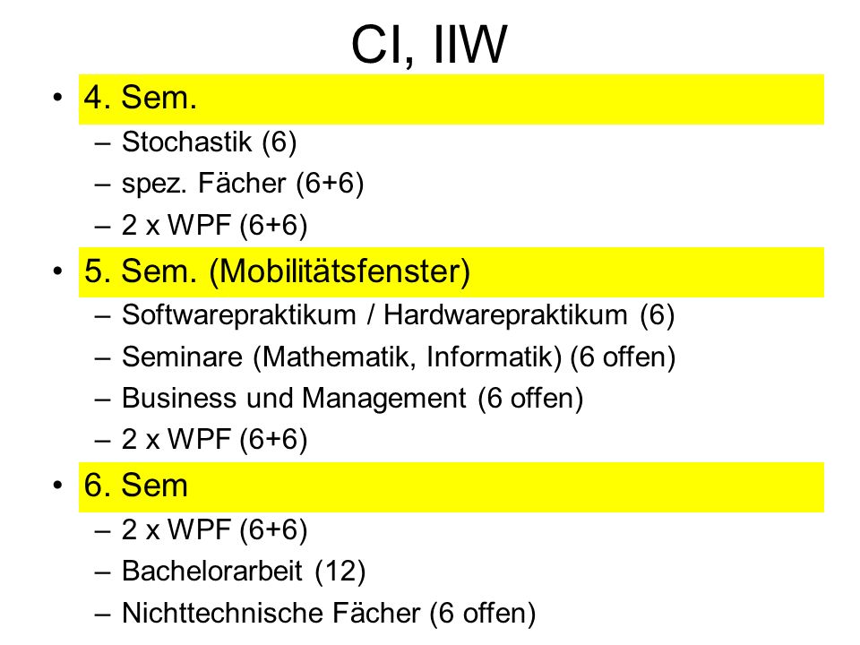 CI, IIW 4. Sem. –Stochastik (6) –spez. Fächer (6+6) –2 x WPF (6+6) 5.