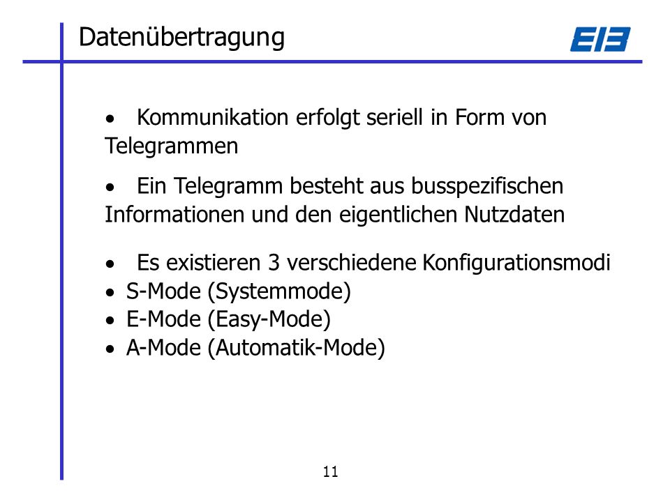 Datenübertragung Kommunikation erfolgt seriell in Form von Telegrammen Ein Telegramm besteht aus busspezifischen Informationen und den eigentlichen Nutzdaten Es existieren 3 verschiedene Konfigurationsmodi S-Mode (Systemmode) E-Mode (Easy-Mode) A-Mode (Automatik-Mode) 11