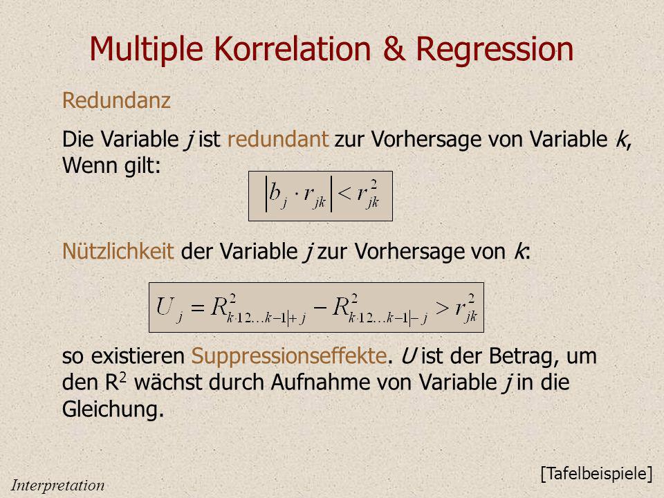 Multiple Korrelation & Regression Redundanz Die Variable j ist redundant zur Vorhersage von Variable k, Wenn gilt: [Tafelbeispiele] Nützlichkeit der Variable j zur Vorhersage von k: so existieren Suppressionseffekte.