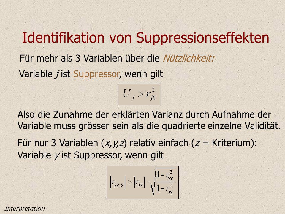 Identifikation von Suppressionseffekten Für mehr als 3 Variablen über die Nützlichkeit: Variable j ist Suppressor, wenn gilt Also die Zunahme der erklärten Varianz durch Aufnahme der Variable muss grösser sein als die quadrierte einzelne Validität.