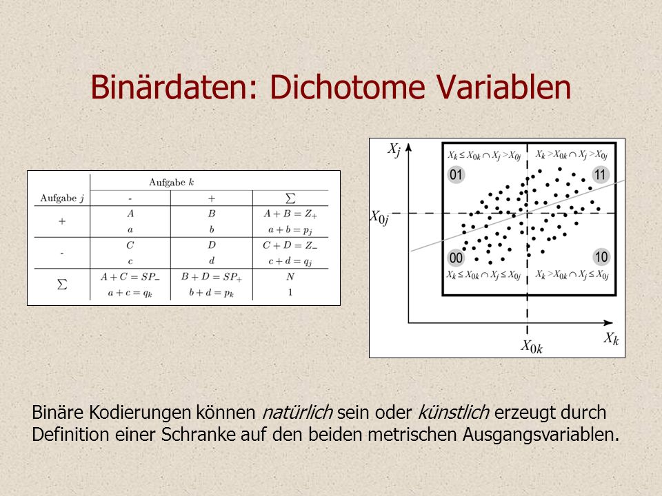 Binärdaten: Dichotome Variablen Binäre Kodierungen können natürlich sein oder künstlich erzeugt durch Definition einer Schranke auf den beiden metrischen Ausgangsvariablen.