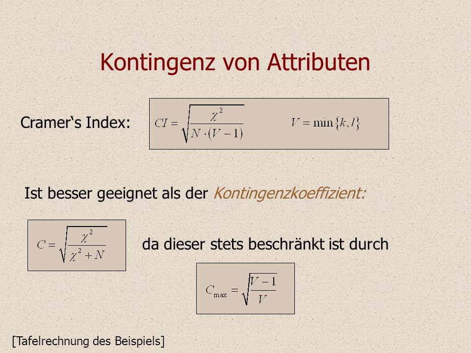 Kontingenz von Attributen Cramers Index: Ist besser geeignet als der Kontingenzkoeffizient: [Tafelrechnung des Beispiels] da dieser stets beschränkt ist durch
