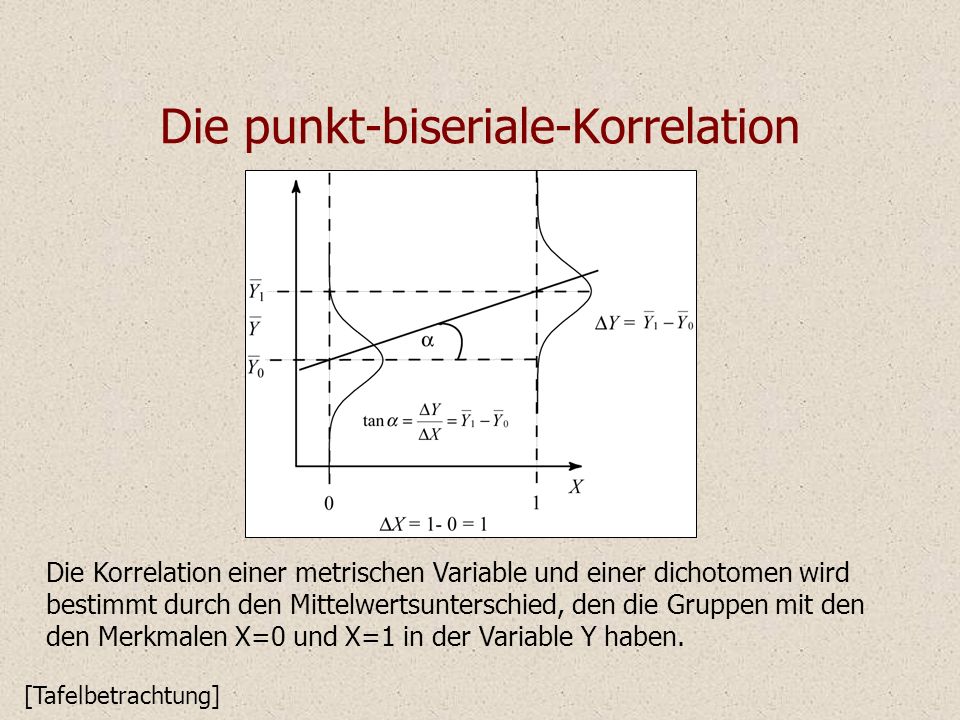 Die punkt-biseriale-Korrelation Die Korrelation einer metrischen Variable und einer dichotomen wird bestimmt durch den Mittelwertsunterschied, den die Gruppen mit den den Merkmalen X=0 und X=1 in der Variable Y haben.