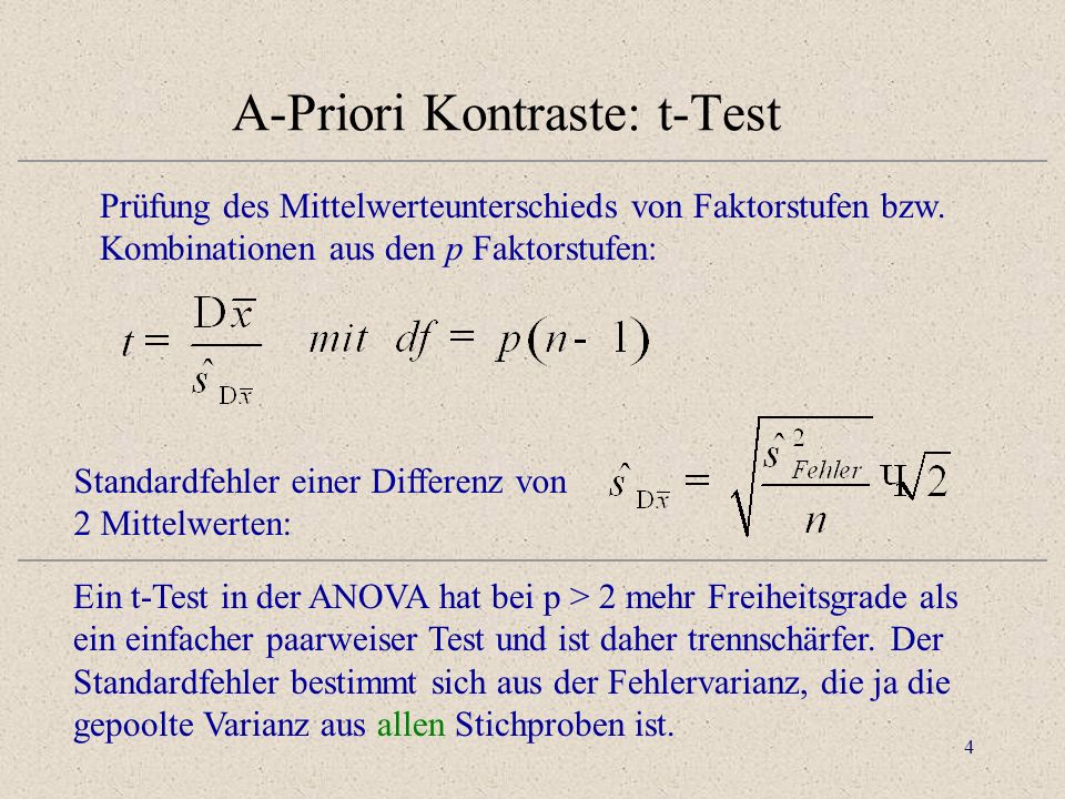 4 A-Priori Kontraste: t-Test Prüfung des Mittelwerteunterschieds von Faktorstufen bzw.