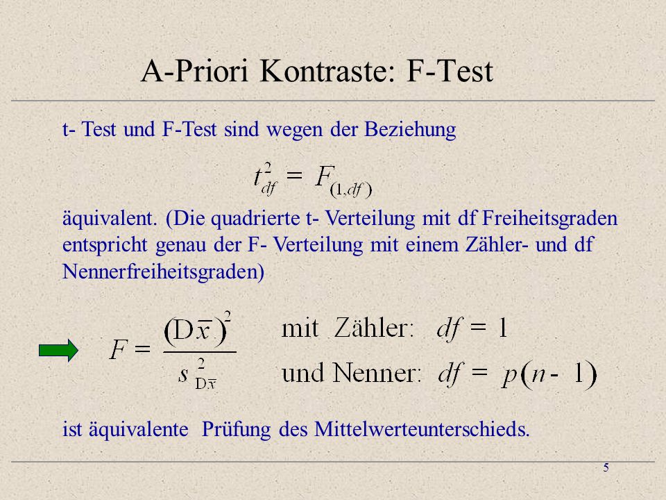 5 A-Priori Kontraste: F-Test t- Test und F-Test sind wegen der Beziehung ist äquivalente Prüfung des Mittelwerteunterschieds.