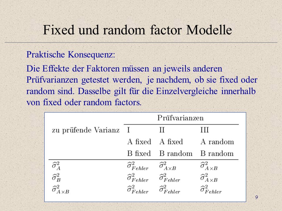 9 Fixed und random factor Modelle Praktische Konsequenz: Die Effekte der Faktoren müssen an jeweils anderen Prüfvarianzen getestet werden, je nachdem, ob sie fixed oder random sind.