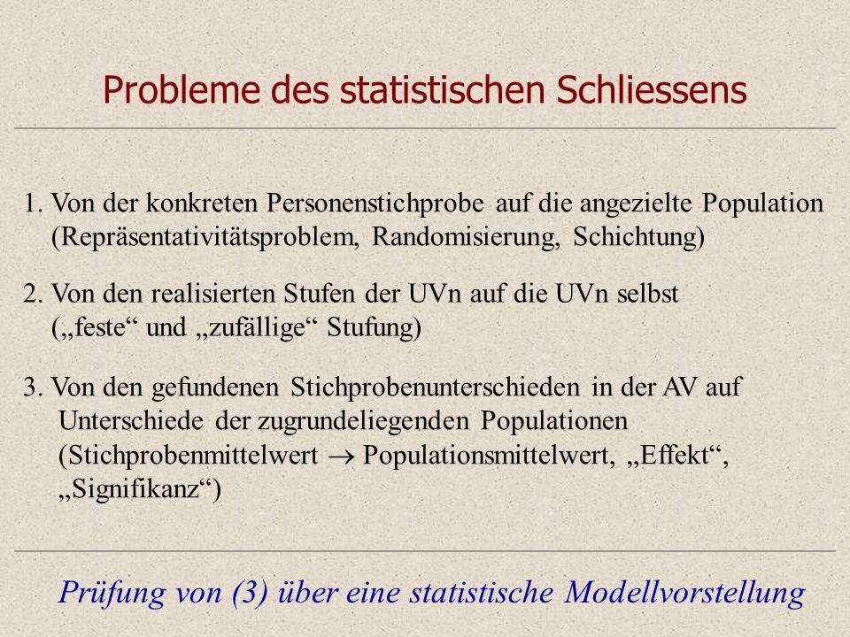 Probleme des statistischen Schliessens Prüfung von (3) über eine statistische Modellvorstellung 1.