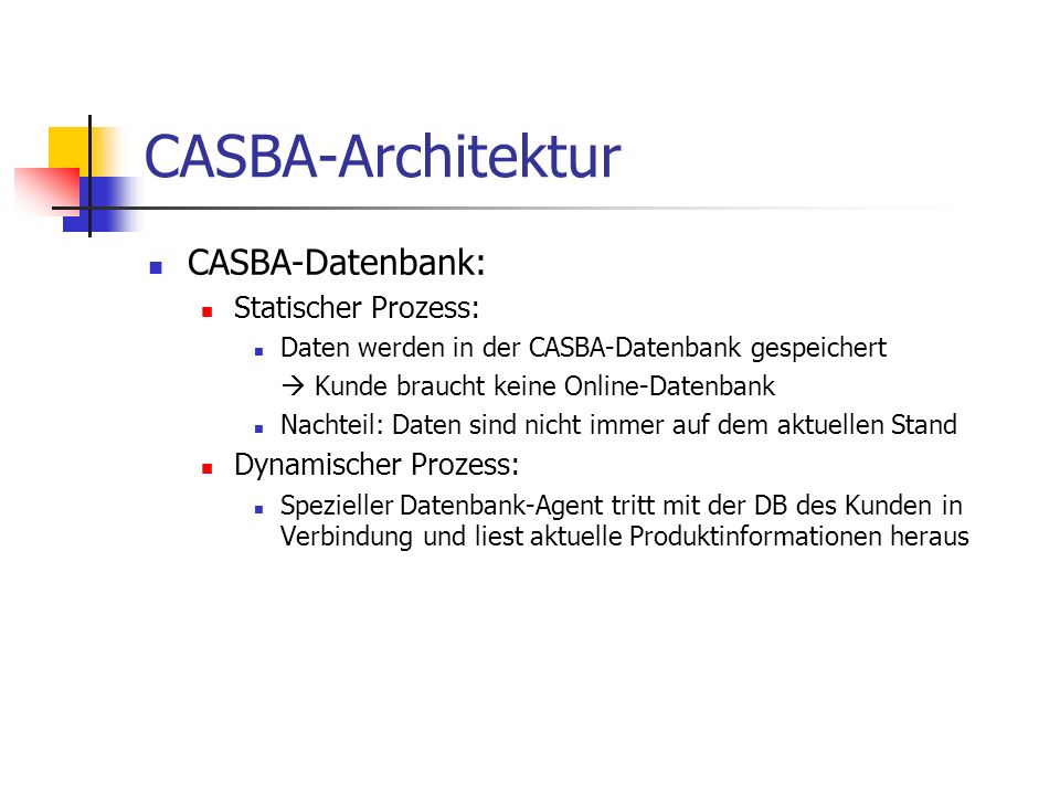 CASBA-Datenbank: Statischer Prozess: Daten werden in der CASBA-Datenbank gespeichert Kunde braucht keine Online-Datenbank Nachteil: Daten sind nicht immer auf dem aktuellen Stand Dynamischer Prozess: Spezieller Datenbank-Agent tritt mit der DB des Kunden in Verbindung und liest aktuelle Produktinformationen heraus