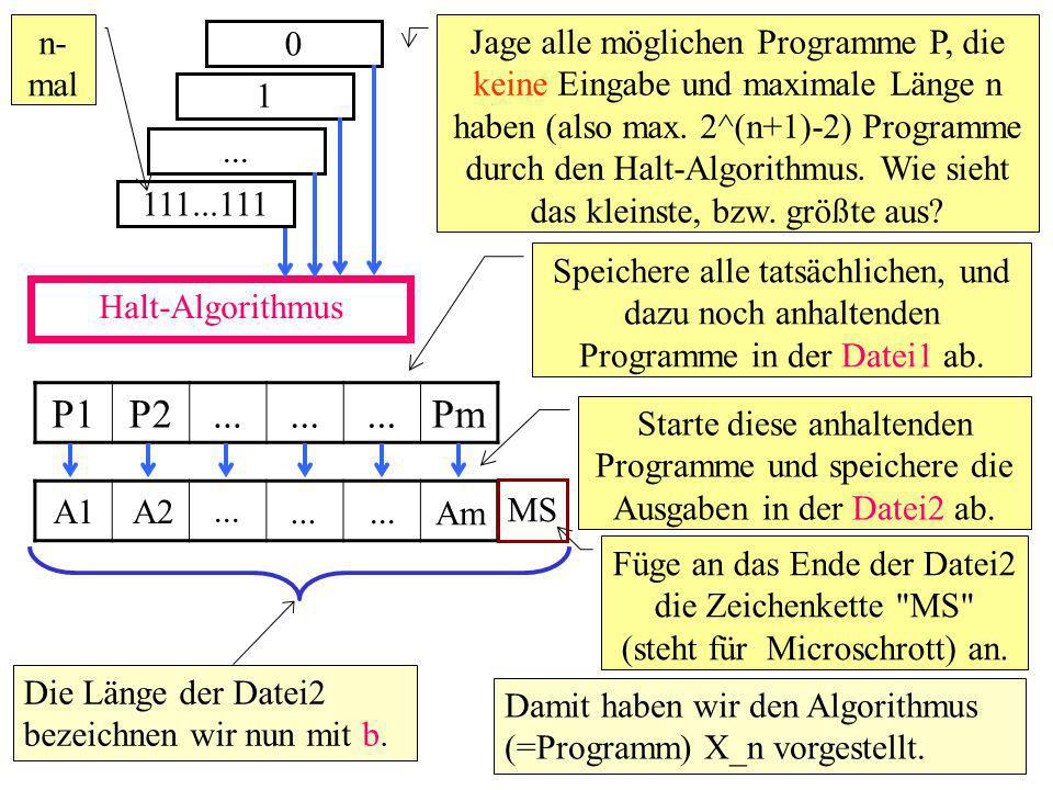 Halt-Algorithmus 0 Jage alle möglichen Programme P, die keine Eingabe und maximale Länge n haben (also max.