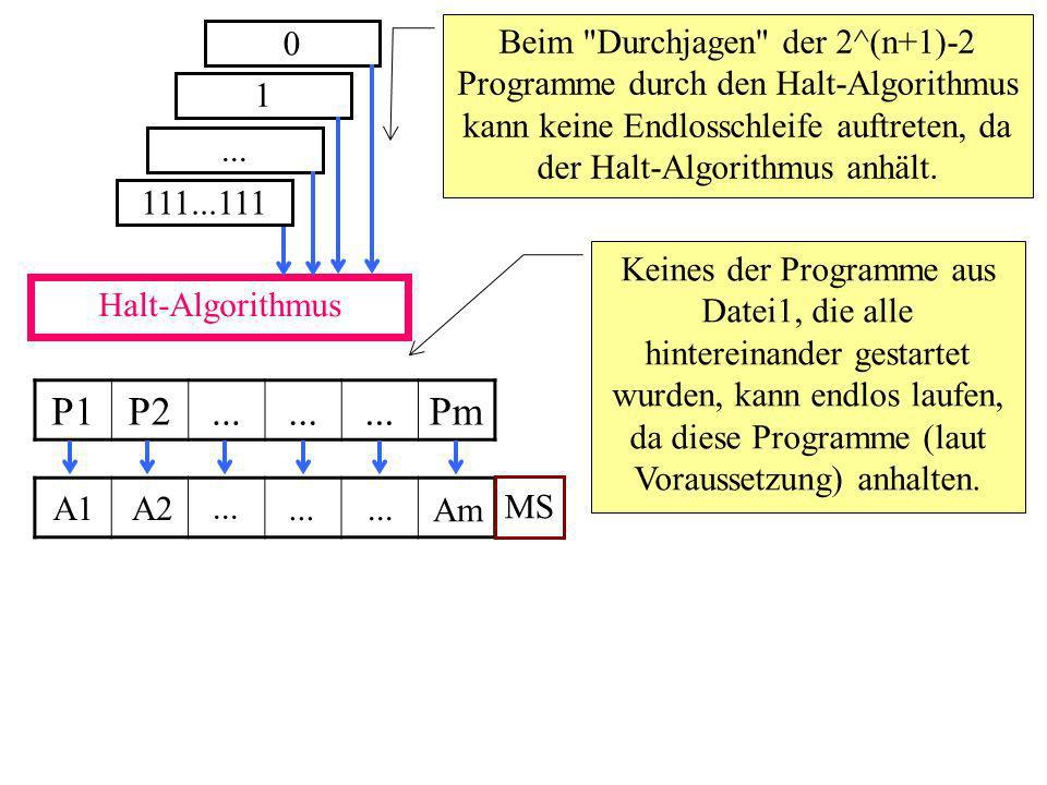 Halt-Algorithmus 0 Beim Durchjagen der 2^(n+1)-2 Programme durch den Halt-Algorithmus kann keine Endlosschleife auftreten, da der Halt-Algorithmus anhält.