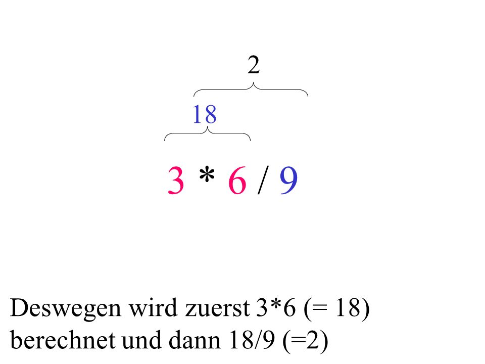 3 * 6 / Deswegen wird zuerst 3*6 (= 18) berechnet und dann 18/9 (=2)