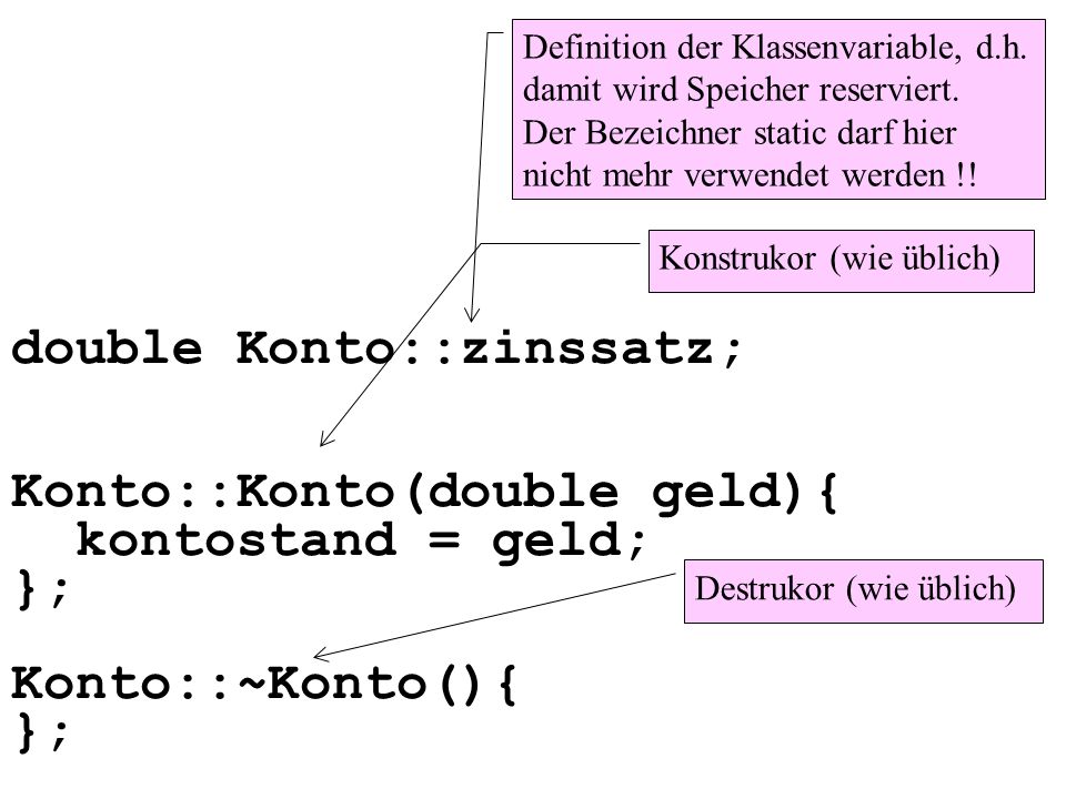 double Konto::zinssatz; Konto::Konto(double geld){ kontostand = geld; }; Konto::~Konto(){ }; Definition der Klassenvariable, d.h.