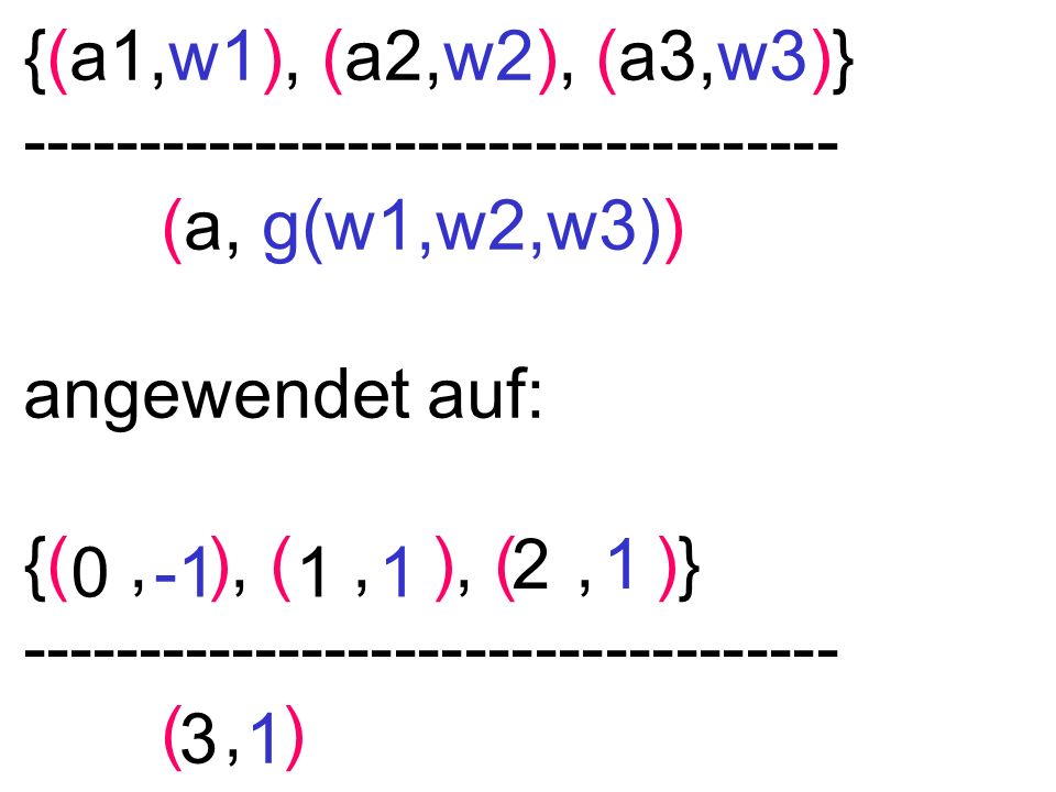 {(a1,w1), (a2,w2), (a3,w3)} (a, g(w1,w2,w3)) angewendet auf: {(, ), (, ), (, )} (, )