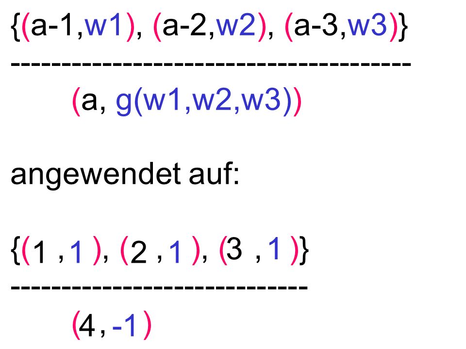 {(a-1,w1), (a-2,w2), (a-3,w3)} (a, g(w1,w2,w3)) angewendet auf: {(, ), (, ), (, )} (, )