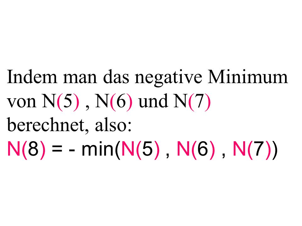 Indem man das negative Minimum von N(5), N(6) und N(7) berechnet, also: N(8) = - min(N(5), N(6), N(7))