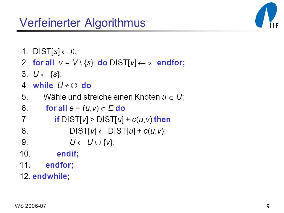 9WS Verfeinerter Algorithmus 1. DIST[s] 2.
