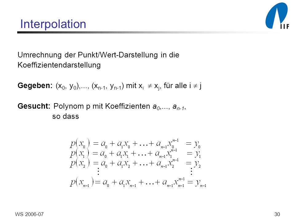 30WS Interpolation Umrechnung der Punkt/Wert-Darstellung in die Koeffizientendarstellung Gegeben: (x 0, y 0 ),..., (x n-1, y n-1 ) mit x i x j, für alle i j Gesucht: Polynom p mit Koeffizienten a 0,..., a n-1, so dass