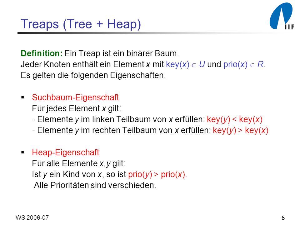 6WS Treaps (Tree + Heap) Definition: Ein Treap ist ein binärer Baum.