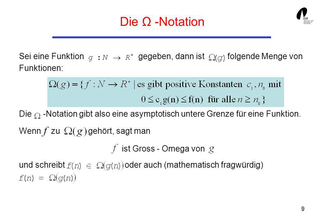 9 Die Ω -Notation Sei eine Funktion gegeben, dann ist folgende Menge von Funktionen: Die -Notation gibt also eine asymptotisch untere Grenze für eine Funktion.