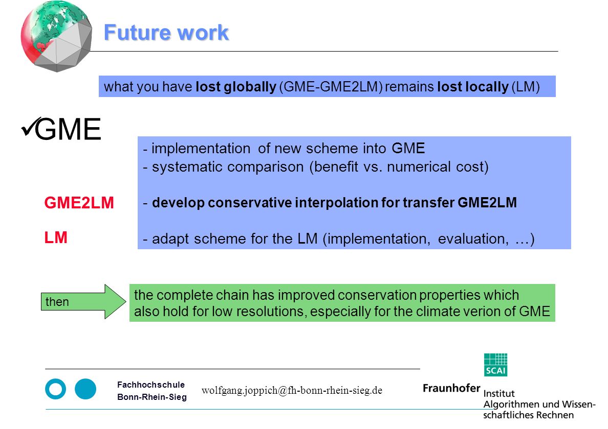 Seite 13 Fachhochschule Bonn-Rhein-Sieg Future work - implementation of new scheme into GME - systematic comparison (benefit vs.
