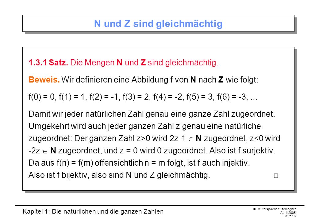 Kapitel 1: Die natürlichen und die ganzen Zahlen © Beutelspacher/Zschiegner April 2005 Seite 16 N und Z sind gleichmächtig Satz.
