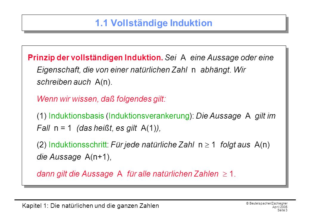 Kapitel 1: Die natürlichen und die ganzen Zahlen © Beutelspacher/Zschiegner April 2005 Seite Vollständige Induktion Prinzip der vollständigen Induktion.