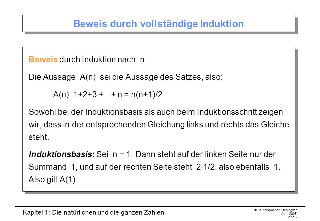 Kapitel 1: Die natürlichen und die ganzen Zahlen © Beutelspacher/Zschiegner April 2005 Seite 6 Beweis durch vollständige Induktion Beweis durch Induktion nach n.