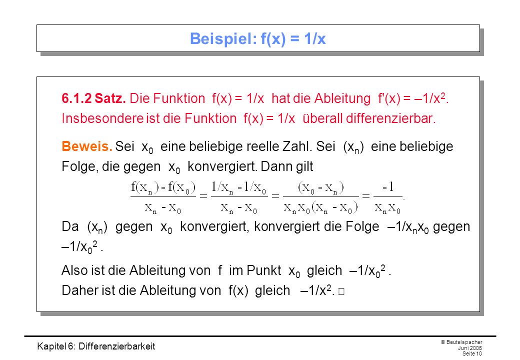 Kapitel 6: Differenzierbarkeit © Beutelspacher Juni 2005 Seite 10 Beispiel: f(x) = 1/x Satz.