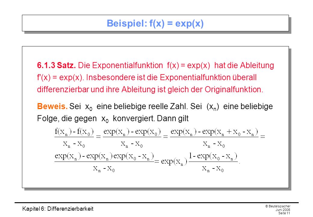 Kapitel 6: Differenzierbarkeit © Beutelspacher Juni 2005 Seite 11 Beispiel: f(x) = exp(x) Satz.