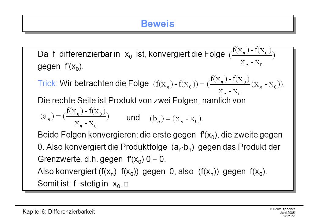 Kapitel 6: Differenzierbarkeit © Beutelspacher Juni 2005 Seite 22 Beweis Da f differenzierbar in x 0 ist, konvergiert die Folge gegen f (x 0 ).