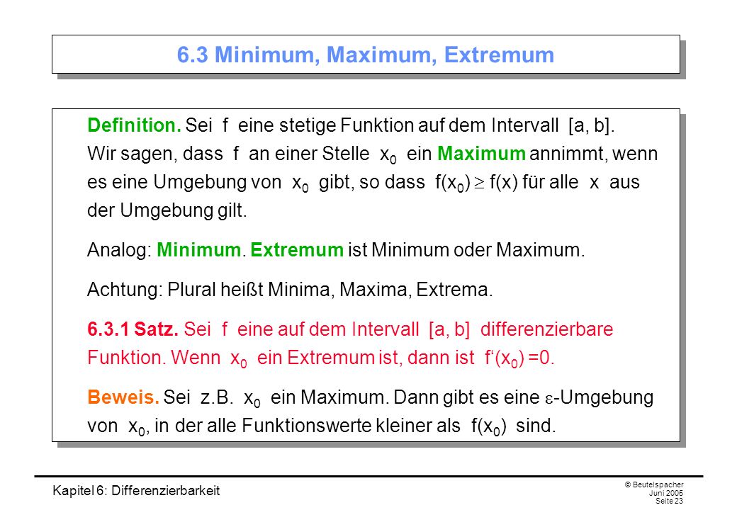 Kapitel 6: Differenzierbarkeit © Beutelspacher Juni 2005 Seite Minimum, Maximum, Extremum Definition.