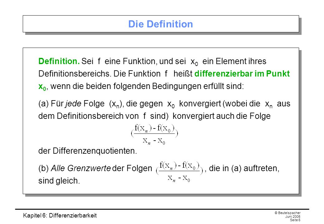 Kapitel 6: Differenzierbarkeit © Beutelspacher Juni 2005 Seite 6 Die Definition Definition.