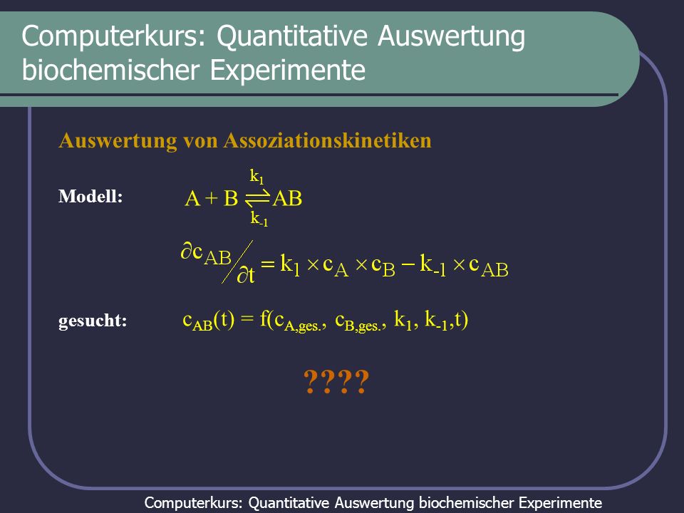 Computerkurs: Quantitative Auswertung biochemischer Experimente Auswertung von Assoziationskinetiken Modell: gesucht: A + B AB k1k1 k -1 c AB (t) = f(c A,ges., c B,ges., k 1, k -1,t)