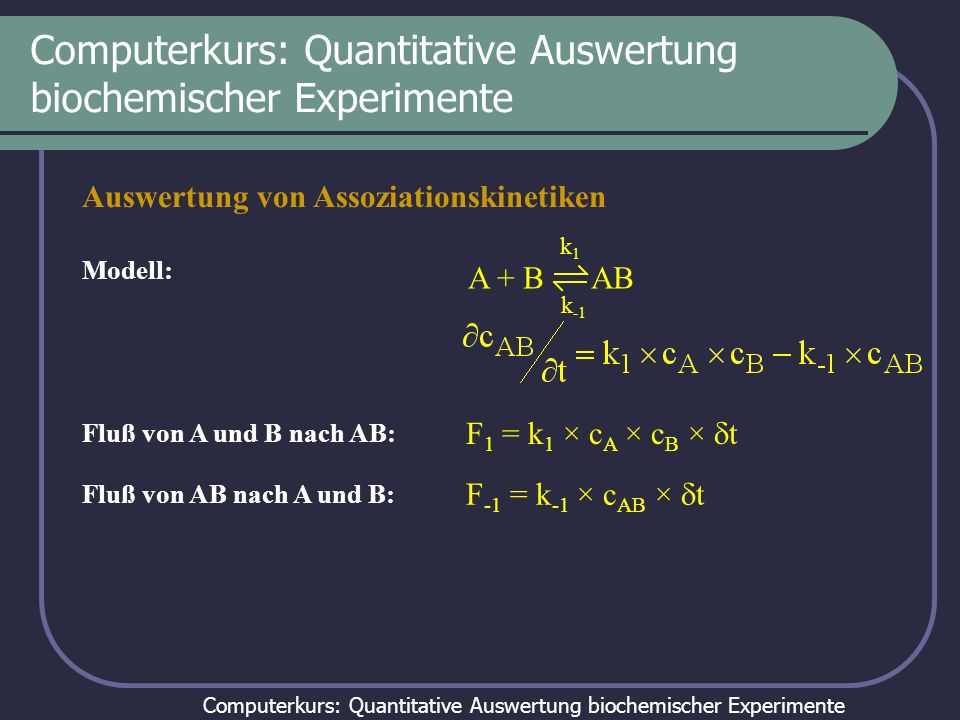 Computerkurs: Quantitative Auswertung biochemischer Experimente Auswertung von Assoziationskinetiken Modell: Fluß von A und B nach AB: A + B AB k1k1 k -1 F 1 = k 1 × c A × c B × t Fluß von AB nach A und B: F -1 = k -1 × c AB × t