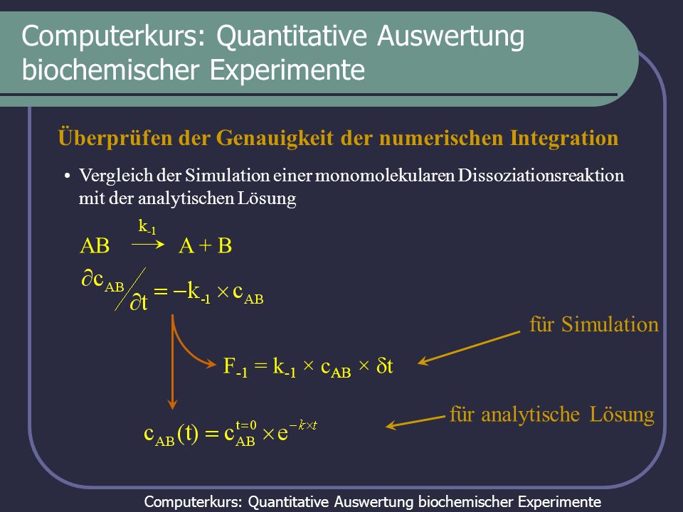 Computerkurs: Quantitative Auswertung biochemischer Experimente Überprüfen der Genauigkeit der numerischen Integration Vergleich der Simulation einer monomolekularen Dissoziationsreaktion mit der analytischen Lösung AB A + B k -1 für Simulation für analytische Lösung F -1 = k -1 × c AB × t