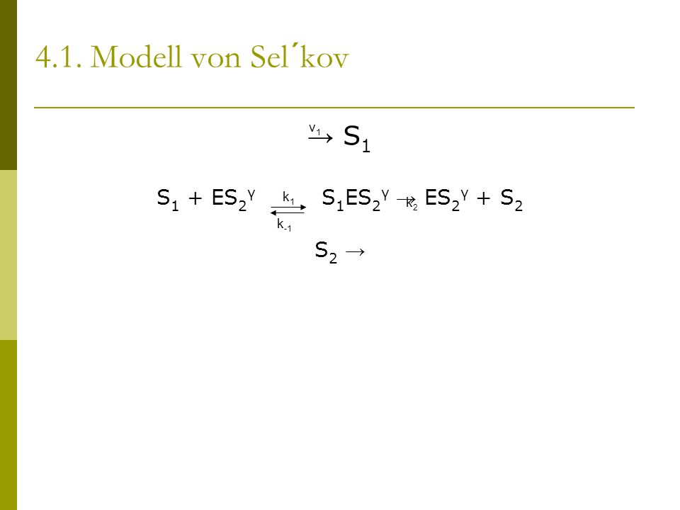4.1. Modell von Sel´kov S 1 S 1 + ES 2 γ S 1 ES 2 γ ES 2 γ + S 2 S 2 k1k1 k -1 ν1ν1 k2k2