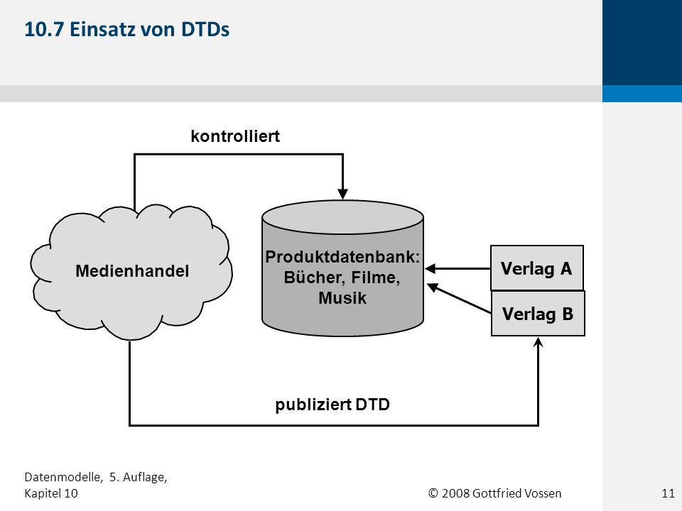 © 2008 Gottfried Vossen Medienhandel Verlag A Verlag B Produktdatenbank: Bücher, Filme, Musik kontrolliert publiziert DTD 10.7 Einsatz von DTDs 11 Datenmodelle, 5.