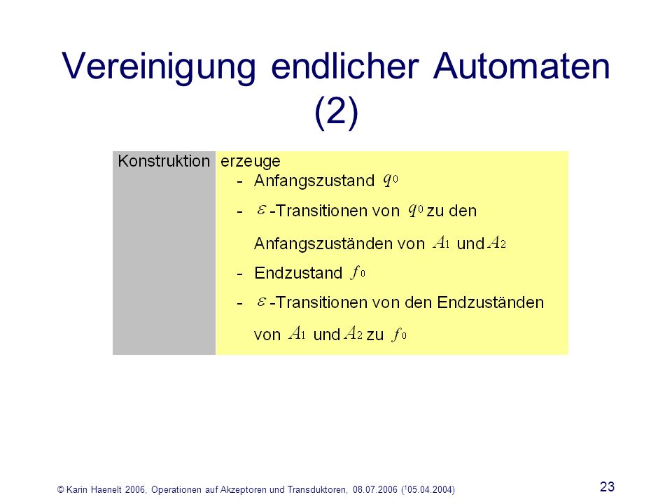 © Karin Haenelt 2006, Operationen auf Akzeptoren und Transduktoren, ( ) 23 Vereinigung endlicher Automaten (2)