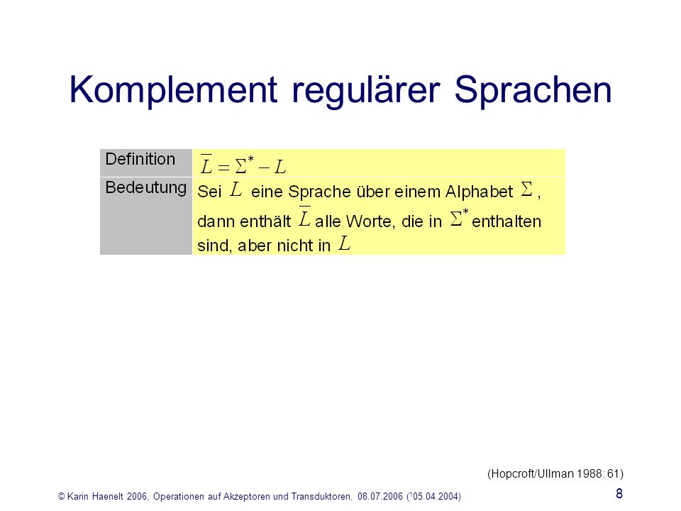 © Karin Haenelt 2006, Operationen auf Akzeptoren und Transduktoren, ( ) 8 Komplement regulärer Sprachen (Hopcroft/Ullman 1988: 61)