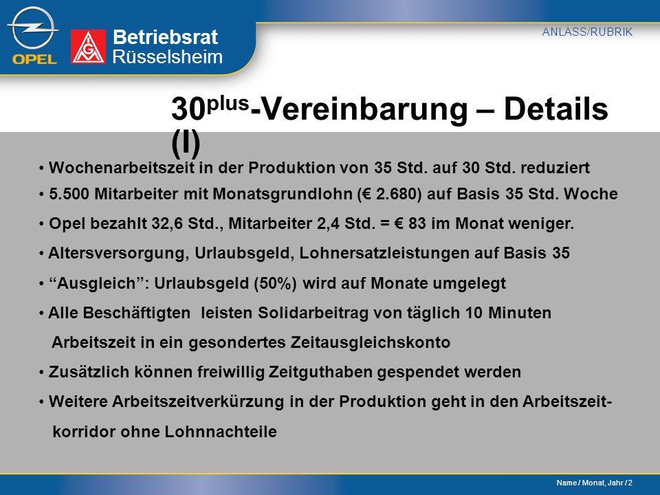 Name / Monat, Jahr / 2 Betriebsrat ANLASS/RUBRIK Rüsselsheim 30 plus -Vereinbarung – Details (I) Wochenarbeitszeit in der Produktion von 35 Std.