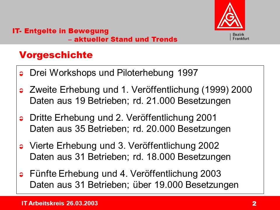 Bezirk Frankfurt IT- Entgelte in Bewegung – aktueller Stand und Trends IT Arbeitskreis Vorgeschichte Drei Workshops und Piloterhebung 1997 Zweite Erhebung und 1.