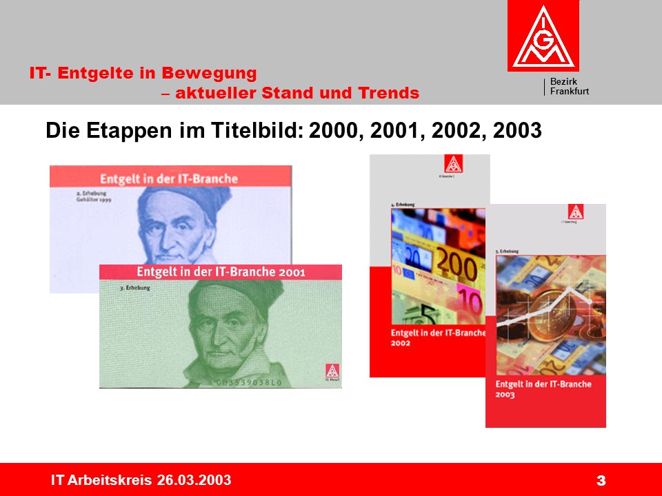 Bezirk Frankfurt IT- Entgelte in Bewegung – aktueller Stand und Trends IT Arbeitskreis Die Etappen im Titelbild: 2000, 2001, 2002, 2003