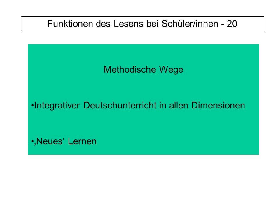 Funktionen des Lesens bei Schüler/innen - 20 Methodische Wege Integrativer Deutschunterricht in allen Dimensionen Neues Lernen