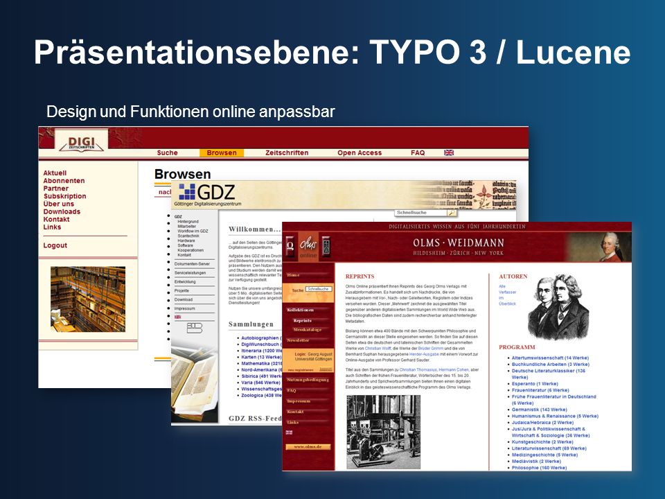 Präsentationsebene: TYPO 3 / Lucene Design und Funktionen online anpassbar
