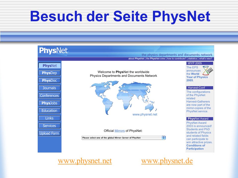 Besuch der Seite PhysNet