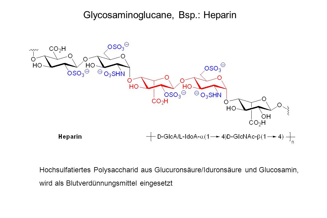 Glycosaminoglucane, Bsp.: Heparin Hochsulfatiertes Polysaccharid aus Glucuronsäure/Iduronsäure und Glucosamin, wird als Blutverdünnungsmittel eingesetzt