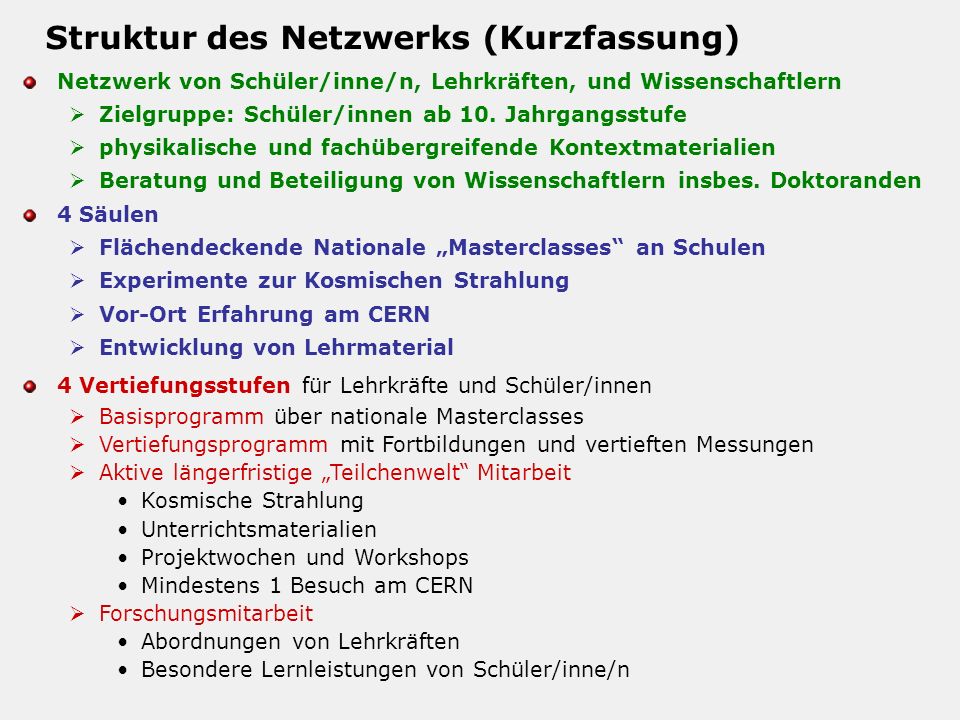 Struktur des Netzwerks (Kurzfassung) Netzwerk von Schüler/inne/n, Lehrkräften, und Wissenschaftlern Zielgruppe: Schüler/innen ab 10.